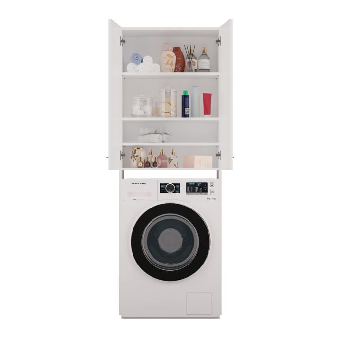 Armoire - Blanc - 30 x 64 x 180 cm - Meuble dessus machine à laver - Montage facile - Fixation murale