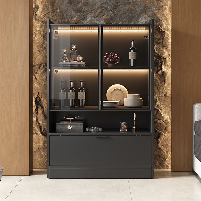 Vitrine 2 Portes Avec LEDs TUNALO - 3 Niches - Noir Et Naturel - 110.5x40x195 Cm
