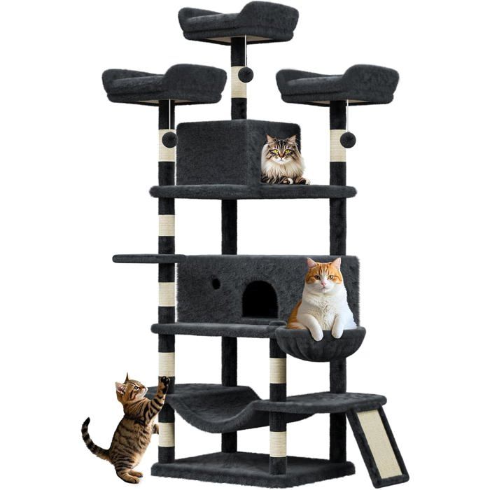 Meilleurs prix pour Arbre à chat gris foncé 119x60x170cm - 6 plateformes2 boules pendantes2 niche  2 poteaux à griffer