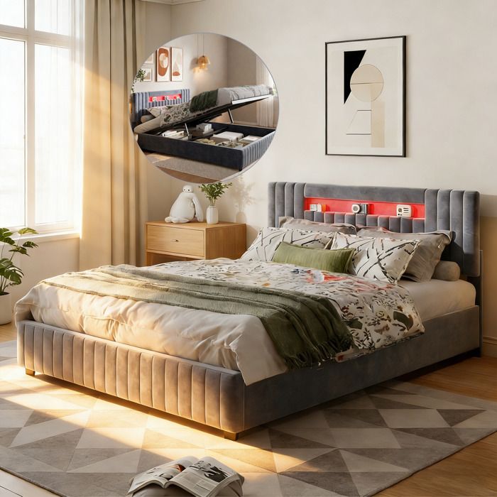 Lit 160x200 cm avec rangement - Lit coffre avec éclairage LED et espace - Lit double avec sommier à lattes -  tissu velours - Gris