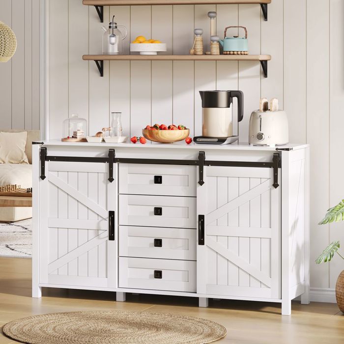 Buffet Armoire latérale vintage Blanch 137 cm portes coulissantes 4 tiroirs rangement spacieux Buffet Armoire latérale vintage Blanch 137 cm portes coulissantes 4 tiroirs rangement spacieux