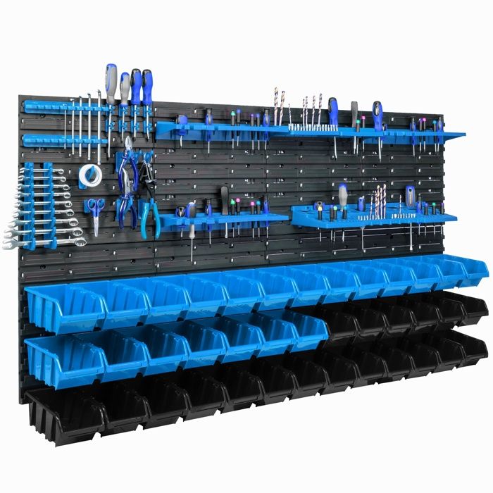 Étagère murale - BOTLE - 156 x 78 cm - 39 bacs empilables - Plastique bleu et noir - Outils inclus