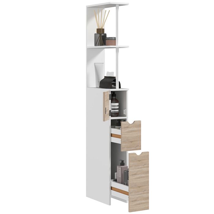Meuble colonne salle de bain - HOMCOM - avec tiroirs étagères ouvertes placard - 15 x 33 x 136 8 cm - en bois - blanc Meuble colonne salle de bain - HOMCOM - avec tiroirs étagères ouvertes placard - 15 x 33 x 136 8 cm - en bois - blanc