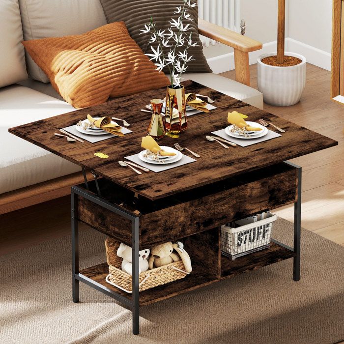 Table basse relevable et extensible table de salon avec compartiment caché étagères ouvertes 98x49x55cm brun rustique