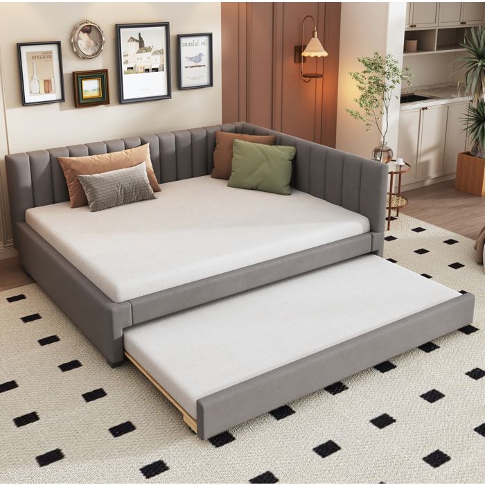 Lit banquette convertible 2 places- 140×200 cm. avec lit gigogne 90×190 cm. rembourré. sans matelas. velours. gris