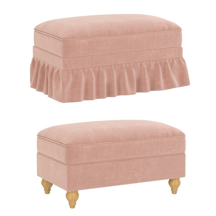 Pouf Ottoman Upholstéré avec Jupe VolantéePieds en Bois Massif-Salon&Chambre-90x56x49cm-Rose