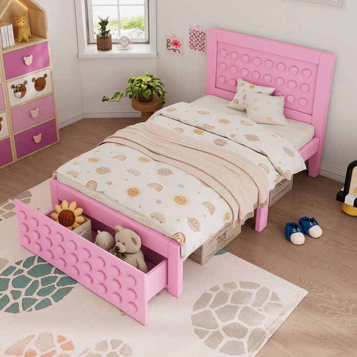 Lit enfant en bois 90×200 cm avec 1 tiroir. lit simple. sommier à lattes. sans matelas. rose