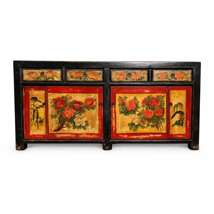 Fine Asianliving Buffet Chinois Ancien Noir Rouge Pivoines Peintes à la Main L167xP40xH87cm