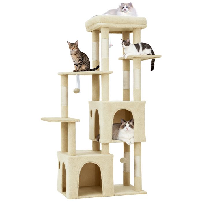 Arbre à chat robuste 155 cm Multi-niveaux grands chats perchoir XL 2 niches poteaux à griffer en sisal jouets suspendusBeige
