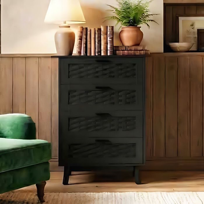 Commode 4 Tiroirs - 55x40x95cm - Cannage PVC Durable - Rangement Large - Pieds Bois Massif - MDF Noir