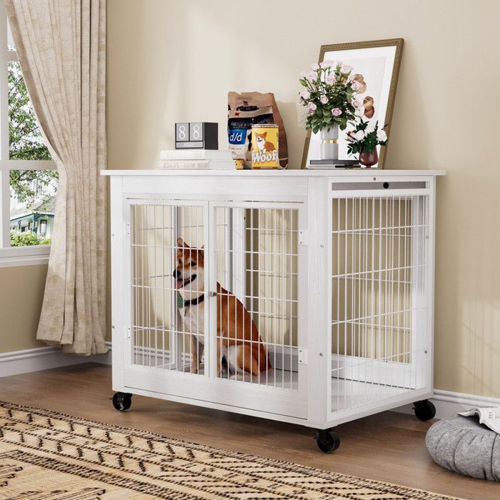 Cage pour chien de style meuble 80 x 56 x 695 cm - niche en bois à double porte - niche dintérieur blanche