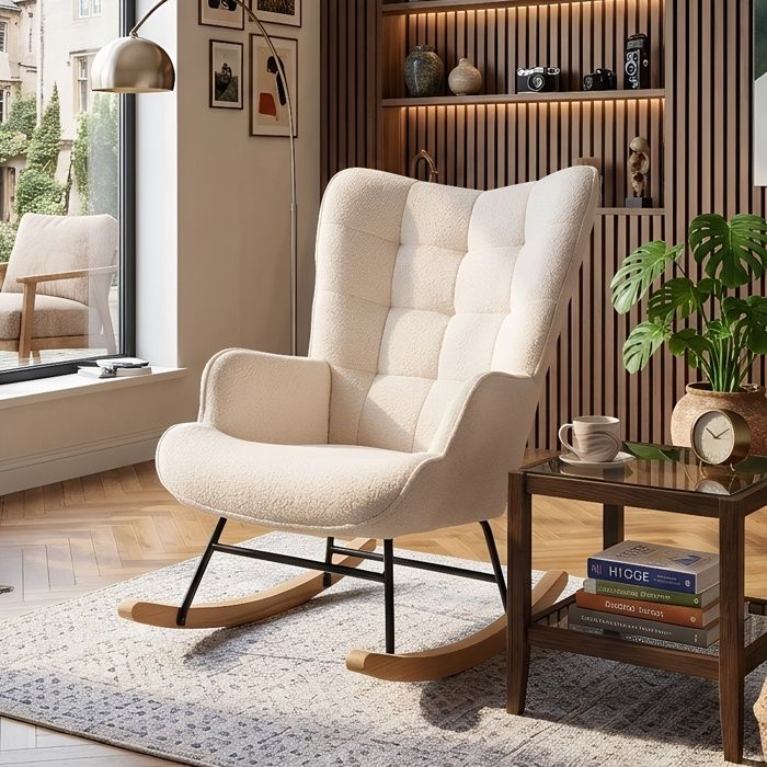 Chaise Berçante Moderne - Dossier Quadrillé Confortable - Idéal pour Coin Lecture ou Bébé - Pieds Anti-dérapants - Beige