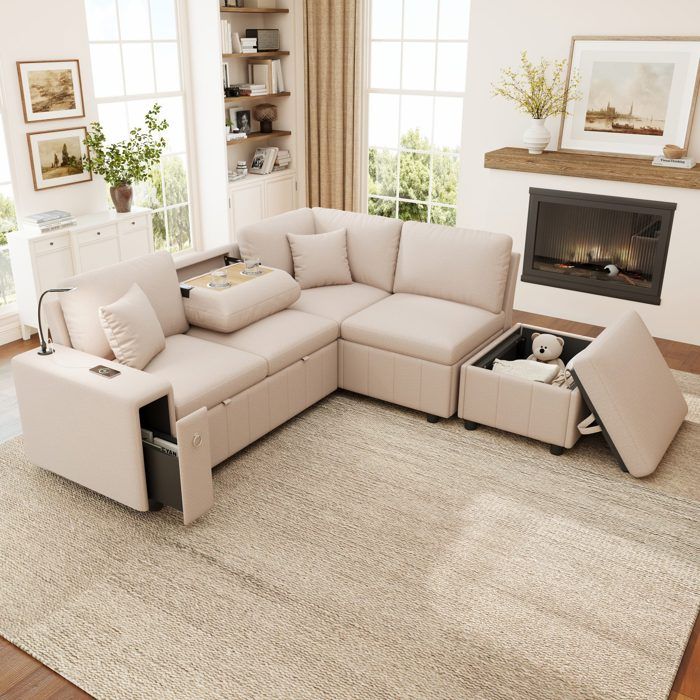Canapé dangle extensible en L avec pouf de rangement table basse pliante ports USB Type-C lampe de lecture et 2 coussinsbeige