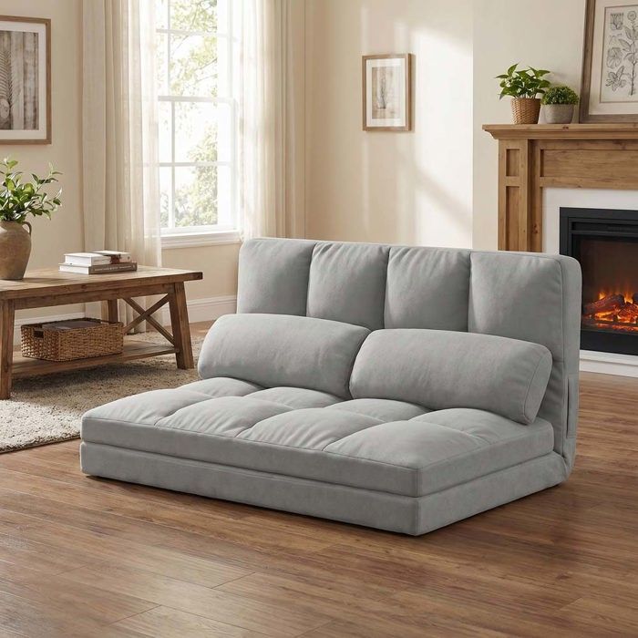 Canapé‑lit pliable - Canapé convertible 3‑en‑1 - Dossier 6 positions - Velours gris - Structure métal