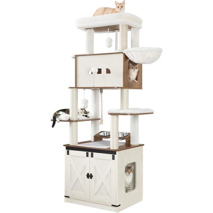 Arbre à Chat avec Meuble Litiere Chat Mangeoire Hauteur 173 cm avec Grande Plateforme Corde en Sisal Blanc et Marron