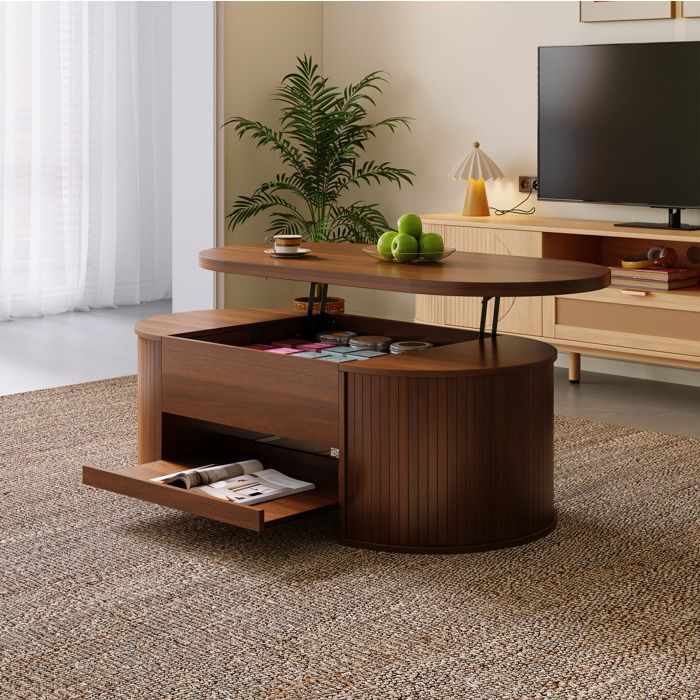 Table basse relevable 110x55 5x40 cm avec plateau rabattable rangement caché et étagère coulissante MDF noyer