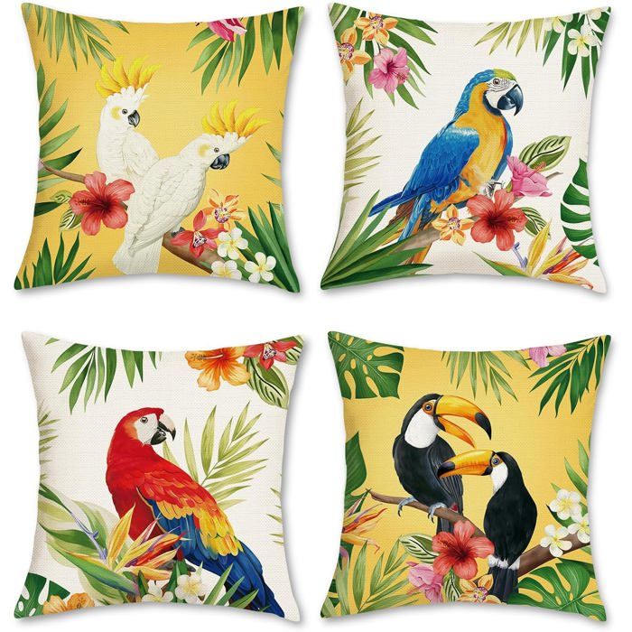 Housse de Coussin Oiseau Toucan Tropical 45x45cm Perroquet Fleurs Feuilles Polyester Lin Décoratif Été Taie doreiller pour Salon