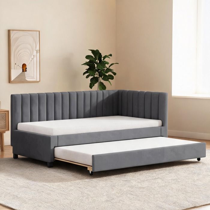 Rembourré velours gray-toned 1 place 90x200 cm canapé-lit extensible multifonctionnel design moderne