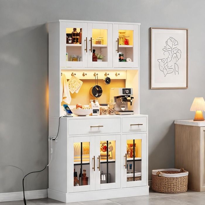 Buffet bahut blanc 180x100 cm 6 portes 2 tiroirs LED RGB app style campagne