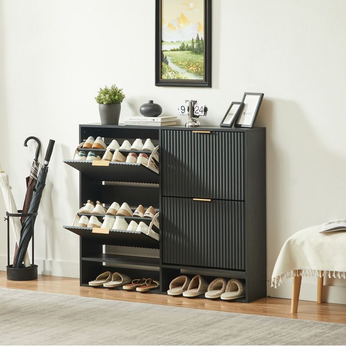 Meuble à chaussures noir – 120 x 24 x 102 cm – rangement à abattants – entrée