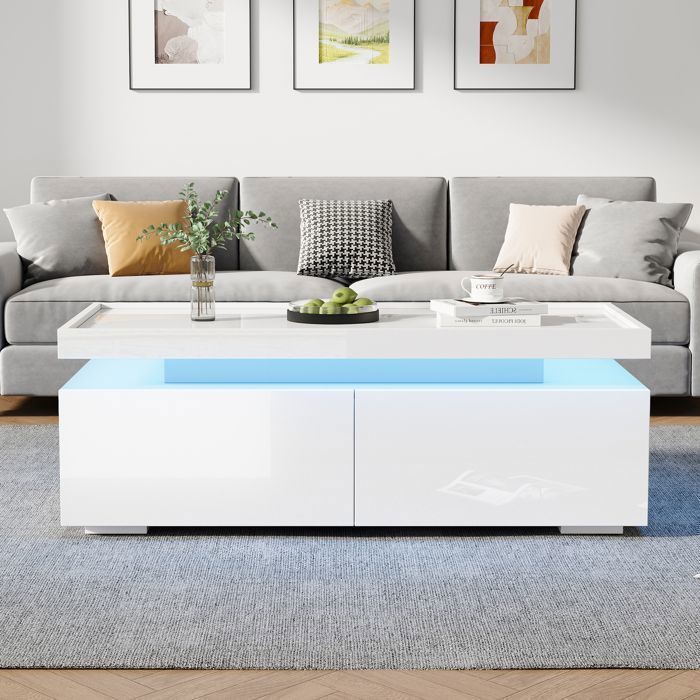 Table basse LED 95x45x35 cm 2 tiroirs niche semi-ouverte commande via appli finition brillante Panneaux de particules Blanc