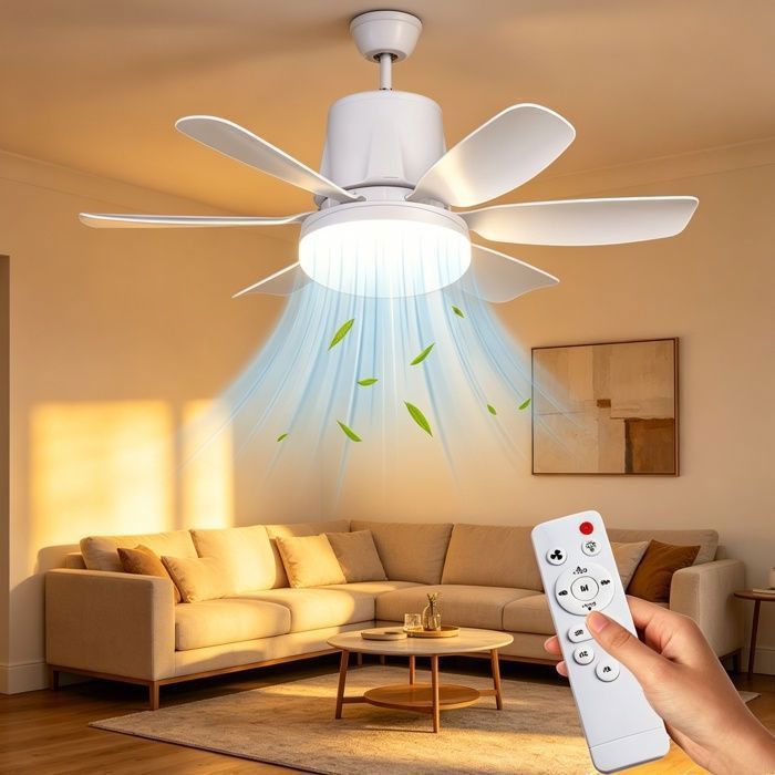 Ventilateur Plafond avec Lumiere - E27 - 6 Pales - Dimmable Silencieux 3 Vitesses Minuteur 4H - pour Cuisine Chambre Salon -Blanc