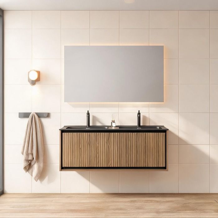 Meuble vasque mural 121 cm avec double vasque intégrée en résine noire brillante et façade chêne brun 2 tiroirs amortis