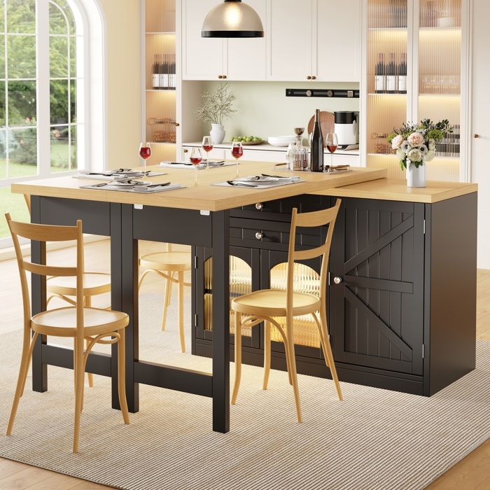Îlot Central de Cuisine - avec Table Extensible 120-194 cm - Plateau Pivotant à 360° - Portes Vitrées - Noir
