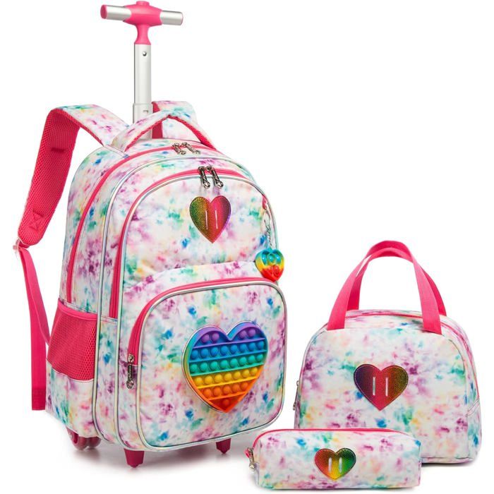 Cartable à roulettes pour fille - Egchescebo - Lot de 3 pièces - Sac à dos à roulettes 16 pouces - Grande capacité