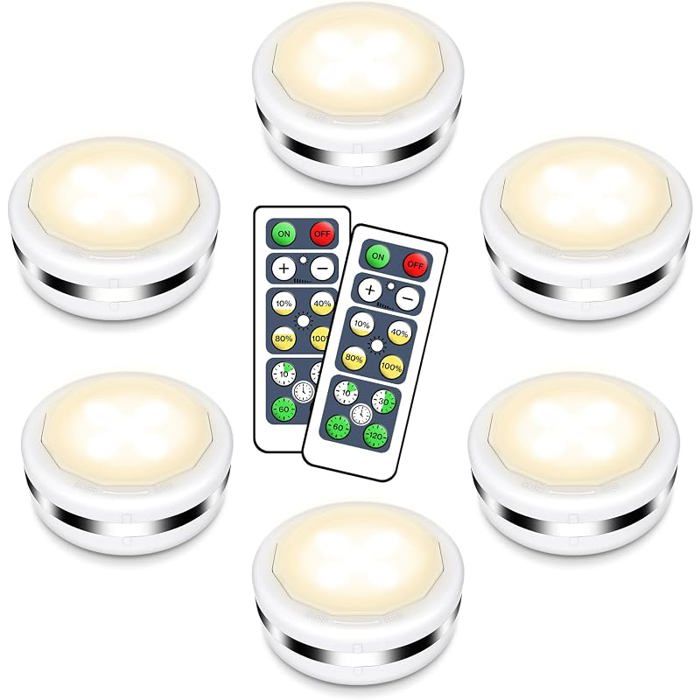 6 Pcs Lampe de Pcard Puck Light Veilleuse Lampe LED à Led Sans Fils Lampe a Pile Luminosité Régble Pour Cuisine ECLAIRAGE DE MEUBLE