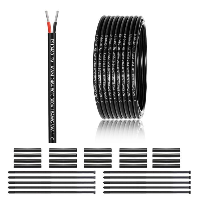 Câble conducteur 18 AWG - 2 x 0 75 mm² - 30 m - Fil à 2 fils en cuivre étamé - PVC 18/2 fils - Pour DC5 V/12 V/24 V éclairage LED
