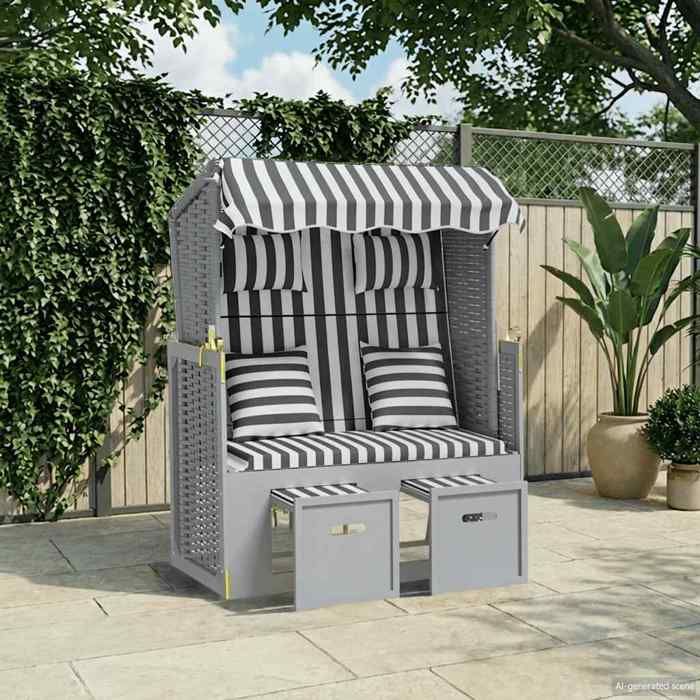 1 pc Strandkorb de jardin résistant aux UV avec coussins Résine tressée bois solide gris blanc LL4905