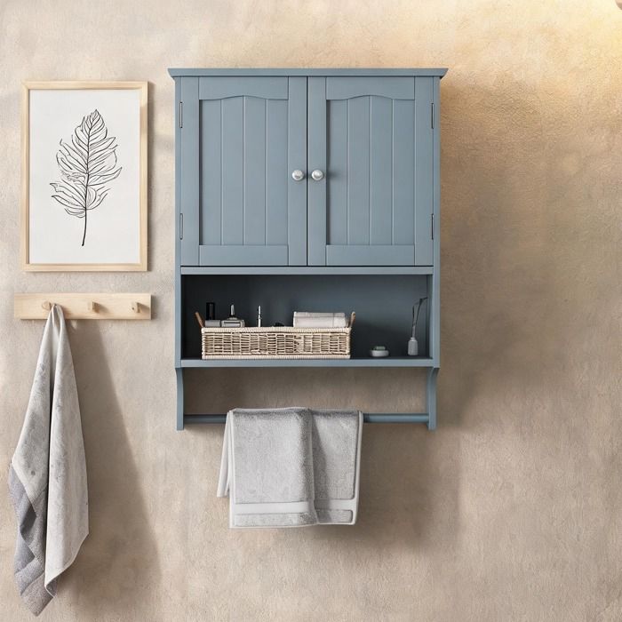 Meuble de rangement mural soft gray avec porte-serviettes et étagères ajustables 56 8 x 19 x 70 cm