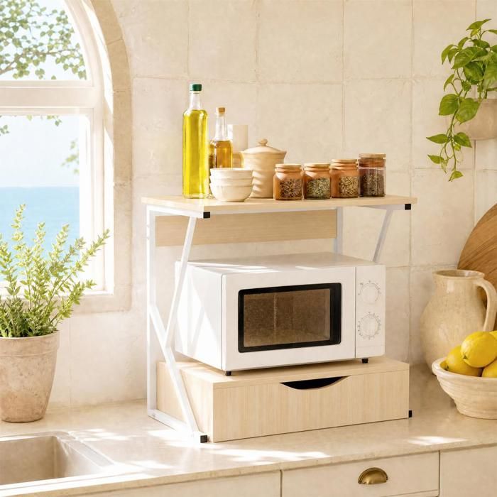 MIPAN. Étagère De Cuisine Pour Micro-Ondes Avec Tiroir Étagère De Rangement À Niveaux 54 X 35 X 50 CM Ccouleur Érable Blanc