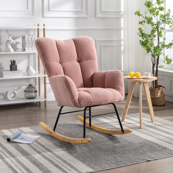 Fauteuil à bascule rose capitonné avec haut dossier accoudoirs et base en bois pour salon chambre TYNQER