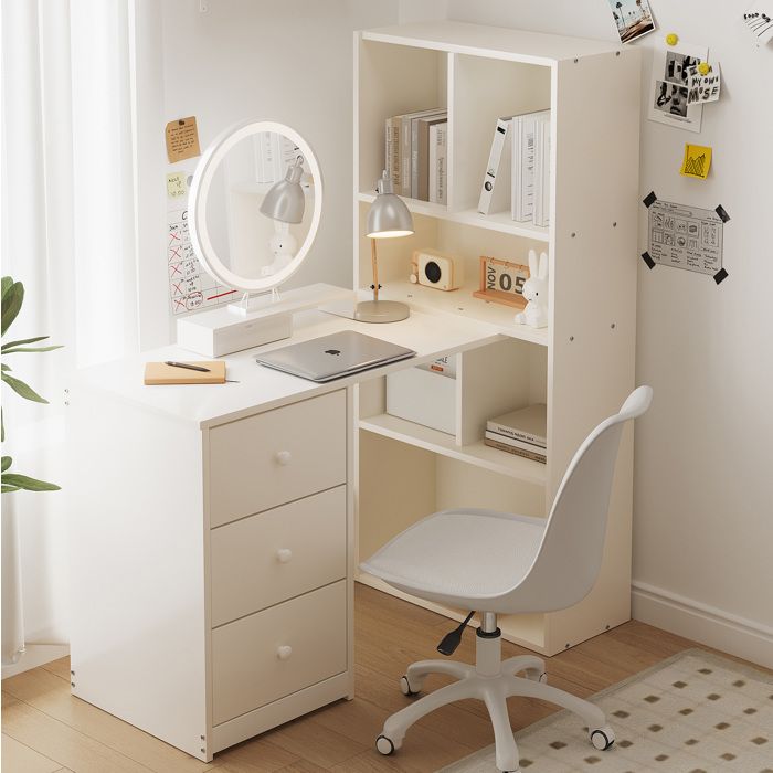 Maisentiel Bureau d’angle avec bibliothèque 117 x 63 x 135 cm blanc 4 niches ouvertes et 3 tiroirs