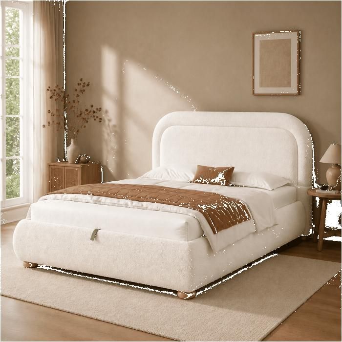 Lit Coffre Hydraulique Rembourré 160x200 cm avec Grand Rangement Sommier à Lattes Tête de Lit Arrondie Bouclé Blanc