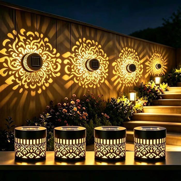 Lampe Solaire Murale Extérieur à Motif Mandala IP65 - 4 Pièces - Applique Solaire pour Jardin Terrasse
