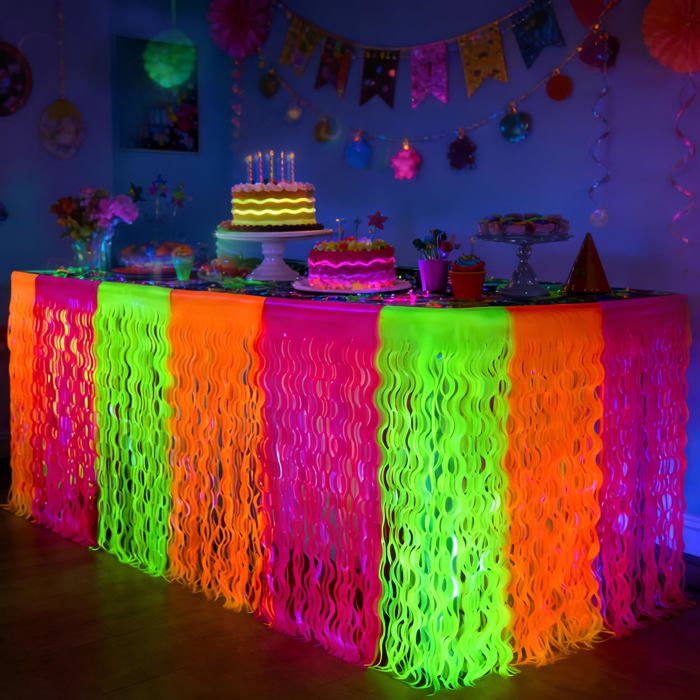 Lot de 2 décations de fête néon colées fluescentes jupes de table à lumière noire accessoires de fête 3 3 Couleu DECORS DE TABLE