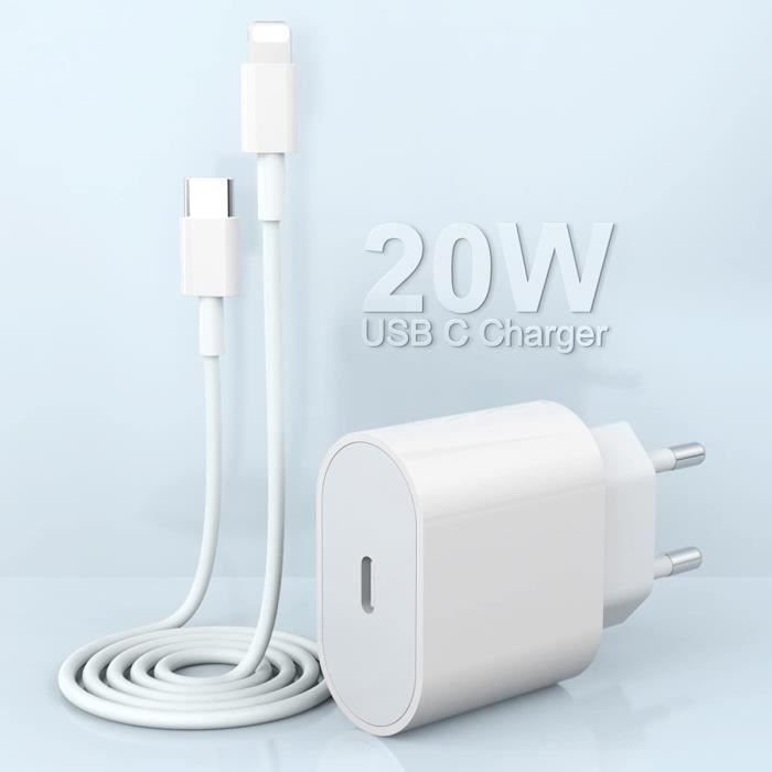 Chargeur rapide + câble Lightning USB C de 0 m. Adaptateur de chargeur 20 W  compatible