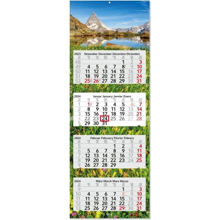 Calendrier Mural 2026 - 3 Mois Par Page, Curseur Rouge, 4 Langues - Format 24x45 Cm - 8