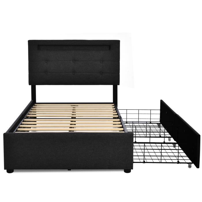 Lit 140x200 Rolanstar Avec LED Et USB - Sommier Métal Tête De Lit Noir/Marron