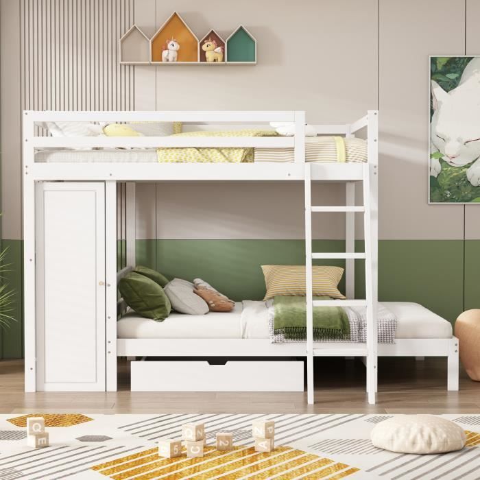 misnode lit superposé, lit en bois avec armoire, avec tiroir, berceau cadre en pin, blanc (90x200cm)