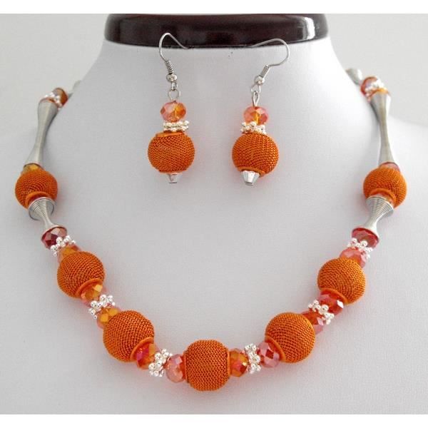 Parure Bijoux Perles Bleues - Collier Pendentif + Boucles D'oreilles Assorties