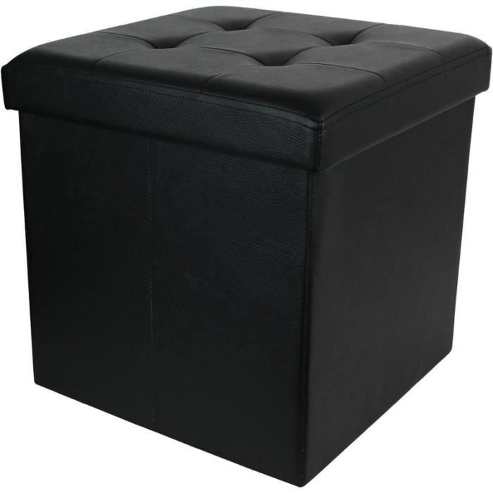 pouf coffre de rangement pliable carré simili cuir noir - home deco factory - h38 x 38 x 38 cm