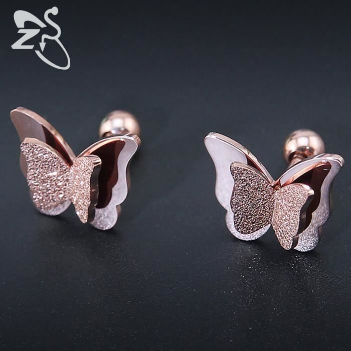 Boucles d'oreilles papillons roses en argent 925 attaches à vis