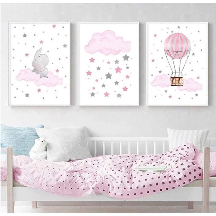 Set De 3 Affiche Bebe Fille Garcon Posters Elephant Nuage Etoile Ballon Rose Toiles Enfant Deco Chambre Cadeau Sans Cadre 30cm Cdiscount Maison