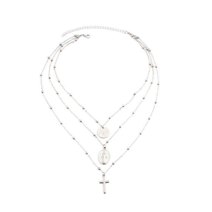 Collier Double Femme Argenté Avec Croix - Style Chapelet - Longueur 41-45 Cm - Acier Inoxydable