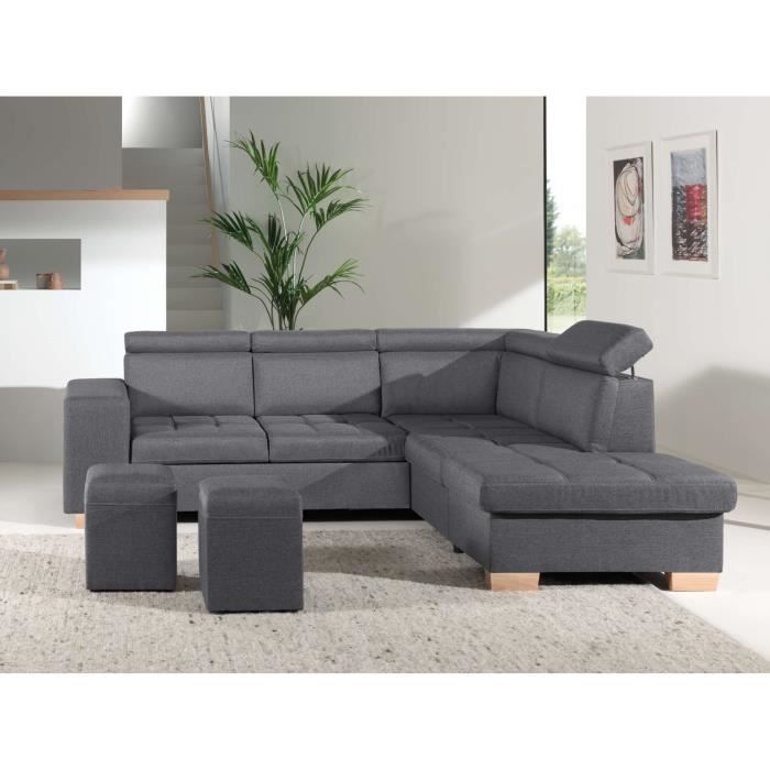 Madrid Canape D Angle Convertible Avec Tetieres Poufs Et Coffre Droit Couleur Gris Fonce Cdiscount Maison