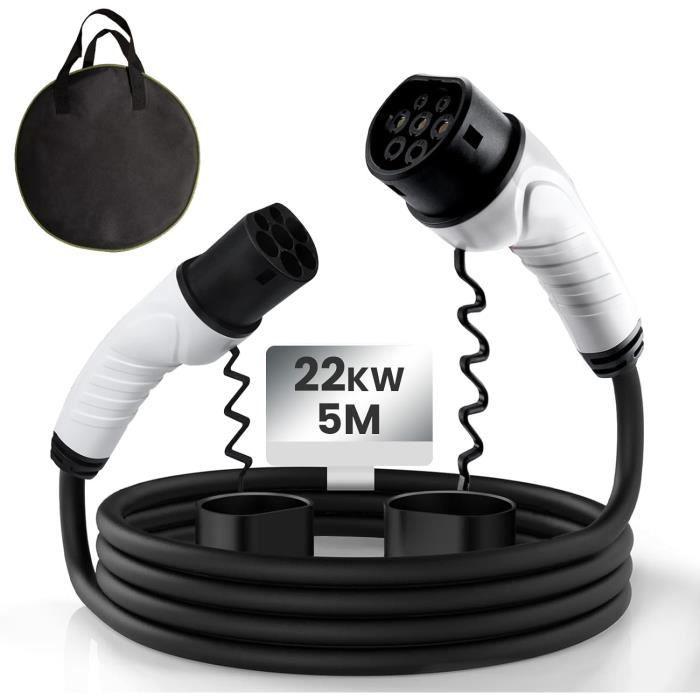 Gammabai Câble de Recharge Type 2 pour Voiture Électrique 5M 32A 22kw Chargeur ev Prise Domestique Type 2 avec Sac de Rangement